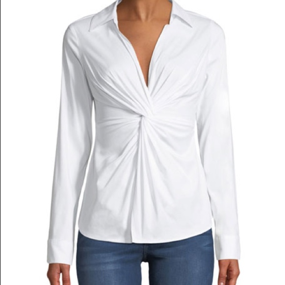 CAbi White Twist-Front Long Sleeve Blouse